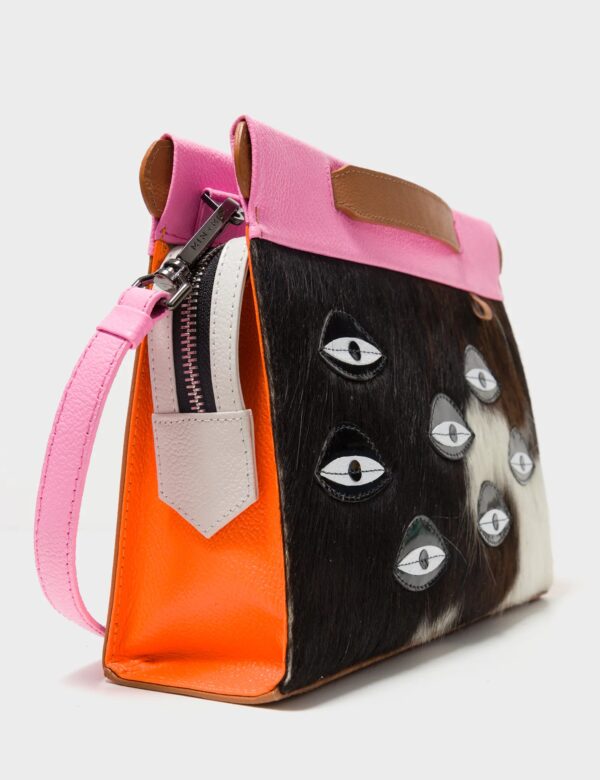 Vali Crossbody Small Bubblegum Pink And Neon Orange Leather Bag - Eyes Applique Adjustable Handle